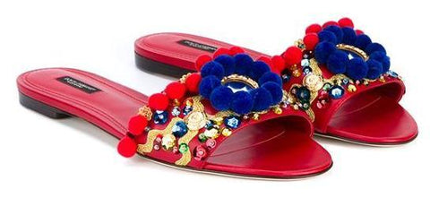 Pom Pom Embellished Leather Slides-Red - DESIGNER INSPIRED FASHIONS