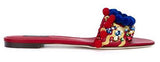 Pom Pom Embellished Leather Slides-Red - DESIGNER INSPIRED FASHIONS
