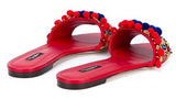 Pom Pom Embellished Leather Slides-Red - DESIGNER INSPIRED FASHIONS