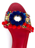 Pom Pom Embellished Leather Slides-Red - DESIGNER INSPIRED FASHIONS