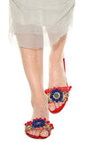 Pom Pom Embellished Leather Slides-Red - DESIGNER INSPIRED FASHIONS