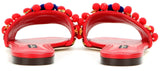 Pom Pom Embellished Leather Slides-Red - DESIGNER INSPIRED FASHIONS