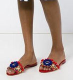 Pom Pom Embellished Leather Slides-Red - DESIGNER INSPIRED FASHIONS