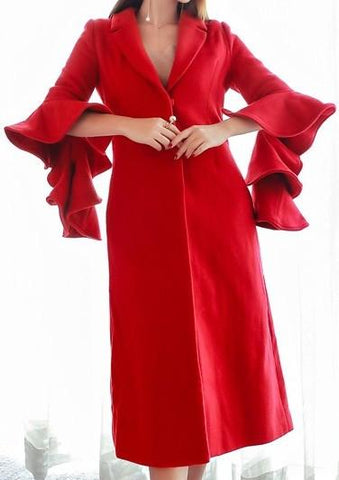 Ruffle-Sleeve Wool & Cashmere Coat in Red - DESIGNER INSPIRED FASHIONS