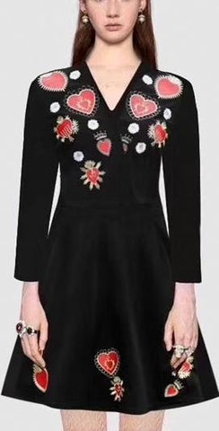 Heart-Embroidered Black V-Neck Mini Dress