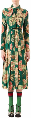 'Sea Life' Printed Pleated Dress in Green - DESIGNER INSPIRED FASHIONS