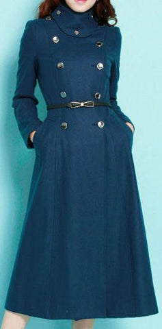 Long Alpaca Wool Pea Coat in Blue - DESIGNER INSPIRED FASHIONS