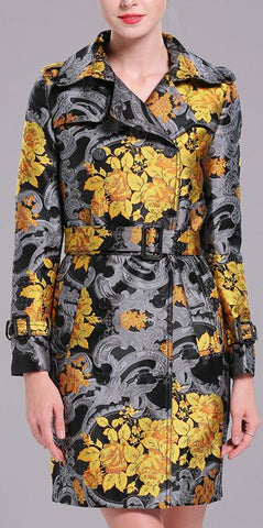 Gold Floral Printed Trench Coat - DESIGNER INSPIRED FASHIONS