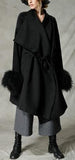 Black Wool-Blend Coat with Fur Cuffs