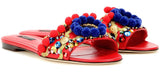 Pom Pom Embellished Leather Slides-Red - DESIGNER INSPIRED FASHIONS