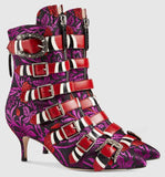 Floral Jacquard Buckle Ankle Boots