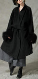 Black Wool-Blend Coat with Fur Cuffs