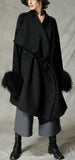 Black Wool-Blend Coat with Fur Cuffs