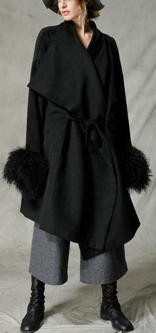 Black Wool-Blend Coat with Fur Cuffs