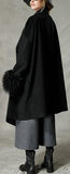 Black Wool-Blend Coat with Fur Cuffs