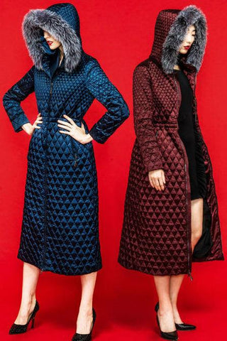 Fur-Hooded Diamond-Quilted Down Coat in Blue or Red - DESIGNER INSPIRED FASHIONS