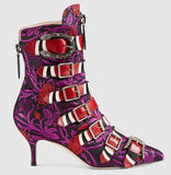 Floral Jacquard Buckle Ankle Boots