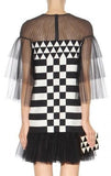 Black Tulle-inset Geometric-print Mini Dress - DESIGNER INSPIRED FASHIONS