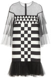 Black Tulle-inset Geometric-print Mini Dress - DESIGNER INSPIRED FASHIONS