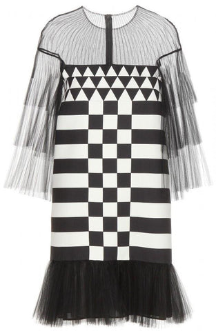Black Tulle-inset Geometric-print Mini Dress - DESIGNER INSPIRED FASHIONS