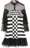 Black Tulle-inset Geometric-print Mini Dress - DESIGNER INSPIRED FASHIONS