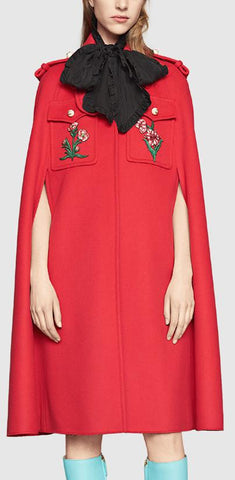 Appliquéd Wool Cape Coat in Red - DESIGNER INSPIRED FASHIONS