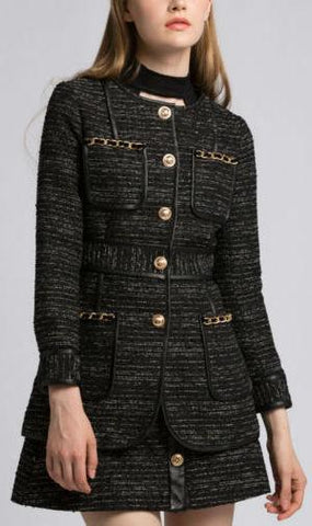 Black Chain Embellished Tweed Jacket - DESIGNER INSPIRED FASHIONS