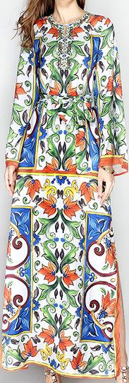 Majolica Print Multicolored Long Embellished Tunic Dress