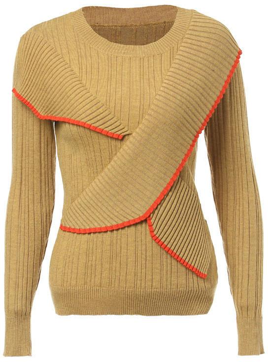 Knit Paneled Flap Contrast-Stripe Sweater in Khaki - DESIGNER INSPIRED FASHIONS