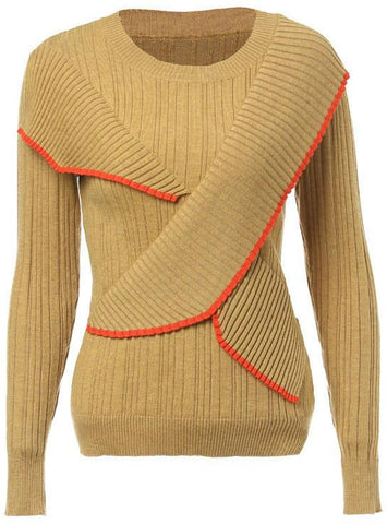 Knit Paneled Flap Contrast-Stripe Sweater in Khaki - DESIGNER INSPIRED FASHIONS