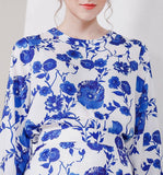 Blue Floral-Printed Blouse & Pencil Skirt Set - DESIGNER INSPIRED FASHIONS