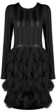 Feather-Tiered Mesh-Paneled Mini Cocktail Dress, Black