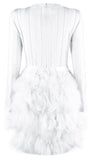 Feather-Tiered Mesh-Paneled Mini Cocktail Dress, White