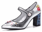 Embellished Metallic Mary Jane Pumps - Blue or Silver | DESIGNER INSPIRED FASHIONS