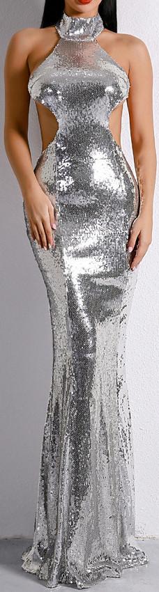 Cut-Out Sequin-Embellished Gown - Silver or Black