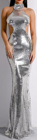 Cut-Out Sequin-Embellished Gown - Silver or Black