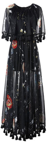 Black Tassel-Trimmed Printed Maxi Dress - DESIGNER INSPIRED FASHIONS