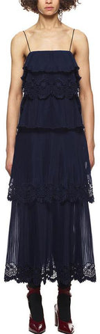 Pleated Embroidery Tiered Midi Dress - DESIGNER INSPIRED FASHIONS
