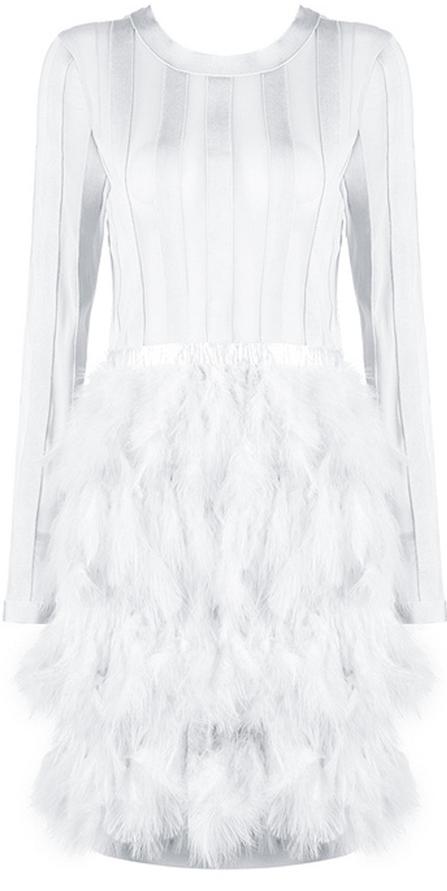 Feather-Tiered Mesh-Paneled Mini Cocktail Dress, White