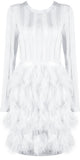 Feather-Tiered Mesh-Paneled Mini Cocktail Dress, White