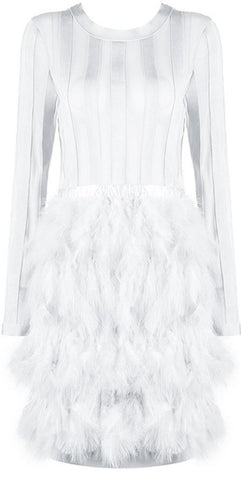 Feather-Tiered Mesh-Paneled Mini Cocktail Dress, White