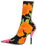 Floral Satin Pointed Toe Bootie