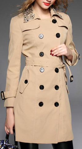 Embellished-Collar Trench Coat in Khaki or Red - DESIGNER INSPIRED FASHIONS