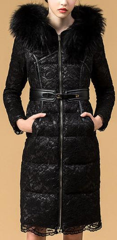 Fur-Hooded Lace Puffer Down Coat in Black or Grey - DESIGNER INSPIRED FASHIONS