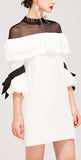 Ruffle White Mini Dress with Black Mesh Contrast