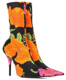 Floral Satin Pointed Toe Bootie