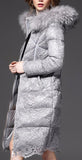 Fur-Hooded Lace Puffer Down Coat in Black or Grey - DESIGNER INSPIRED FASHIONS