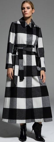Check Pattern Long Wool Coat in Black & White - DESIGNER INSPIRED FASHIONS