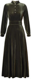 Long-Sleeve Velvet Midi Dress with Pearl Buttons