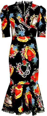 Sacred Heart Print Lace Trim Midi Dress